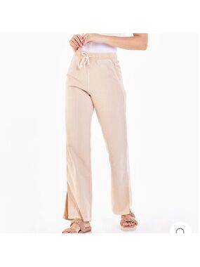 Dear John Kayla Wide Leg Ramie Blend Drawstring Pants Side Slit Natural Beige XS